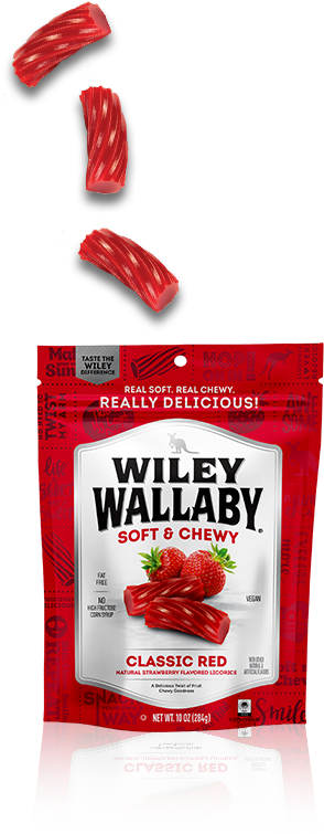 3 pieces of Wiley Wallaby Classic Red licorice falling into the bag
