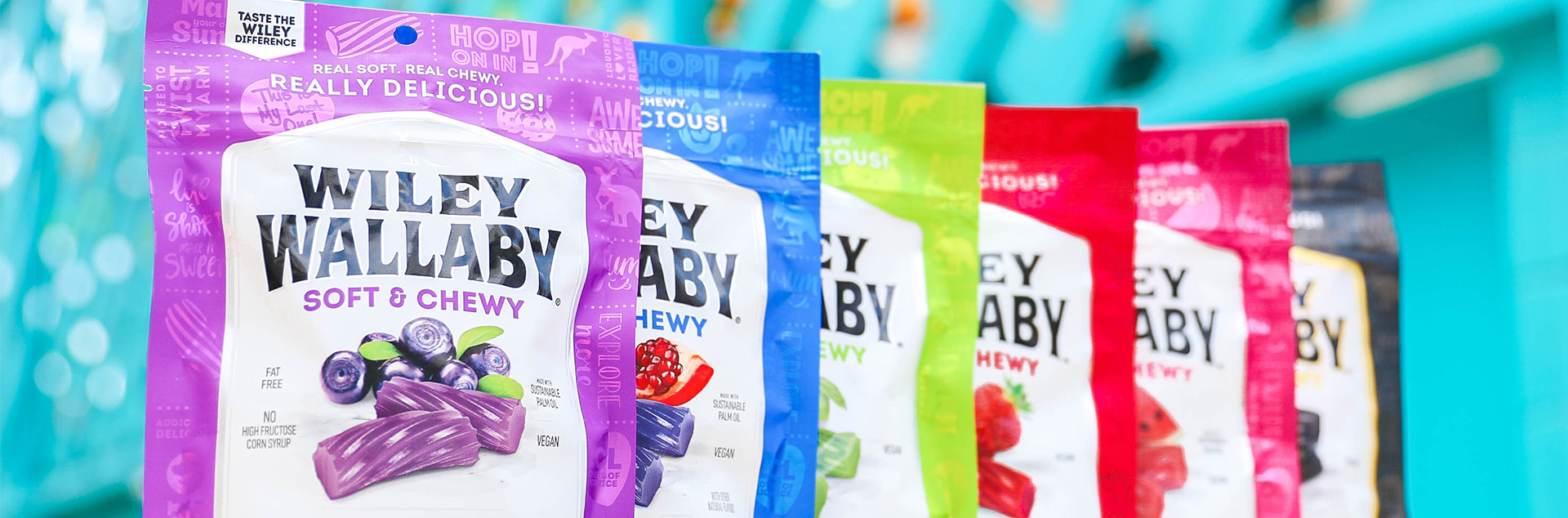 Bags of Soft & Chewy Licorice displayed in a row