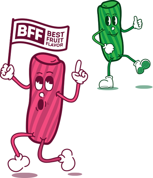 green and pink licorice cartoon characters